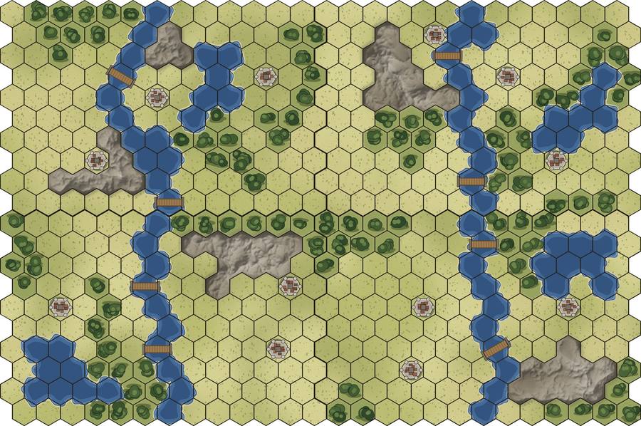 The four Nine Cities board panels assembled into the full hex map